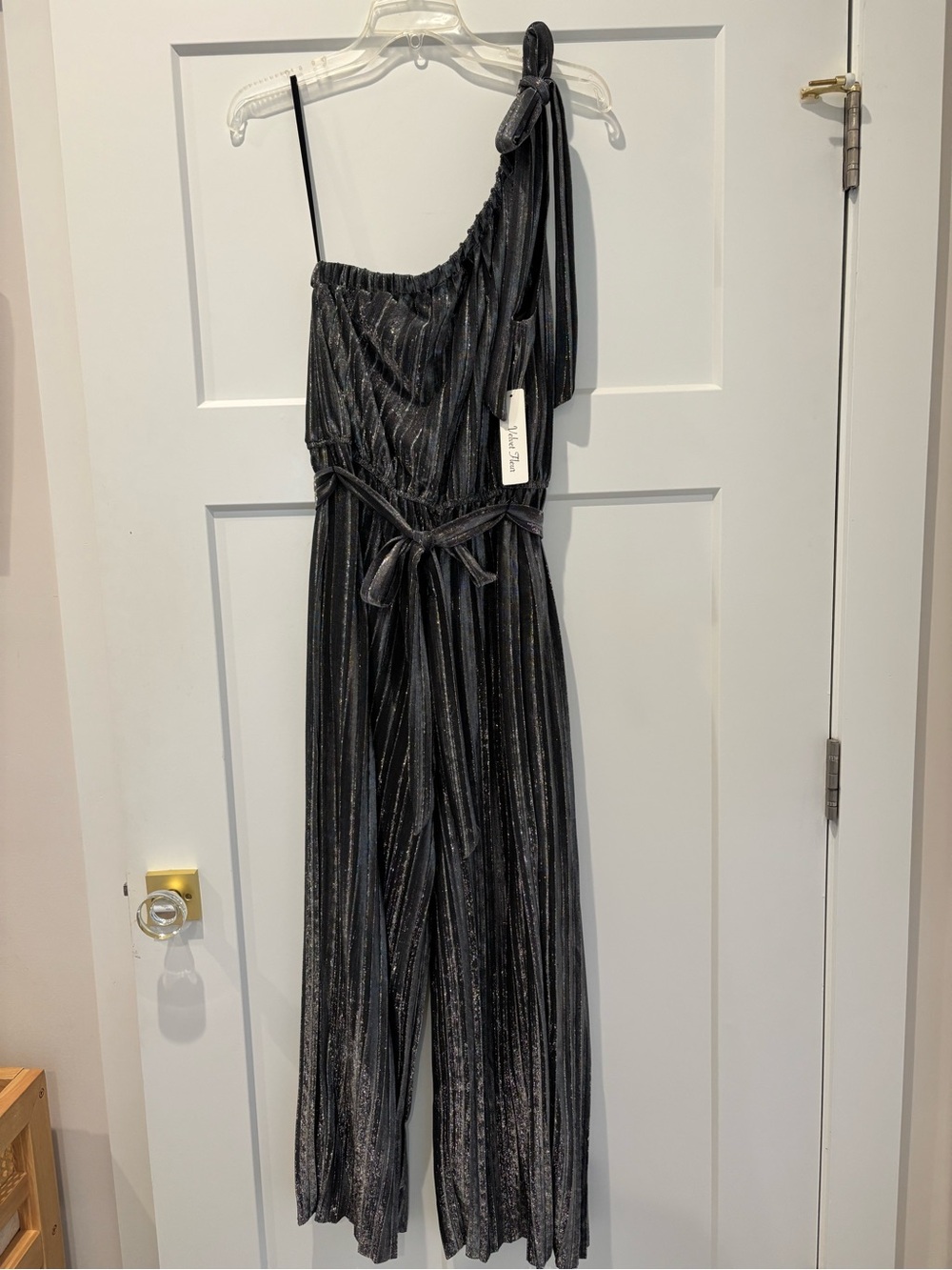 One-Shoulder Black Metallic-Striped Jumpsuit with Tie Belt